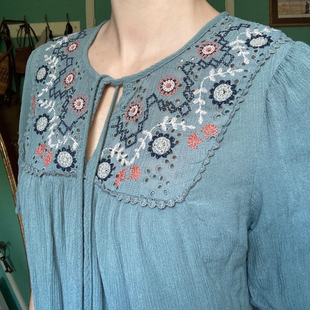90s does 70s Embroidered Blue Boho Style Top